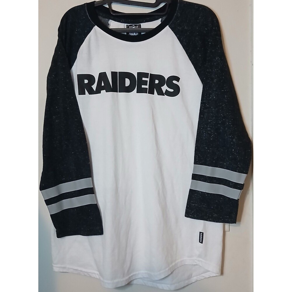 Raiders Womens Large Raglan Shirt NFL 3/4 Sleeve Football Black White Tee